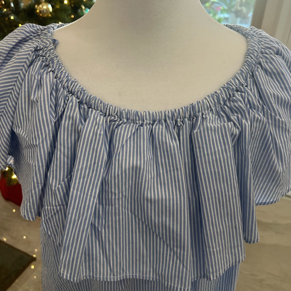 Zara Blue and White Striped Off-Shoulder Blouse